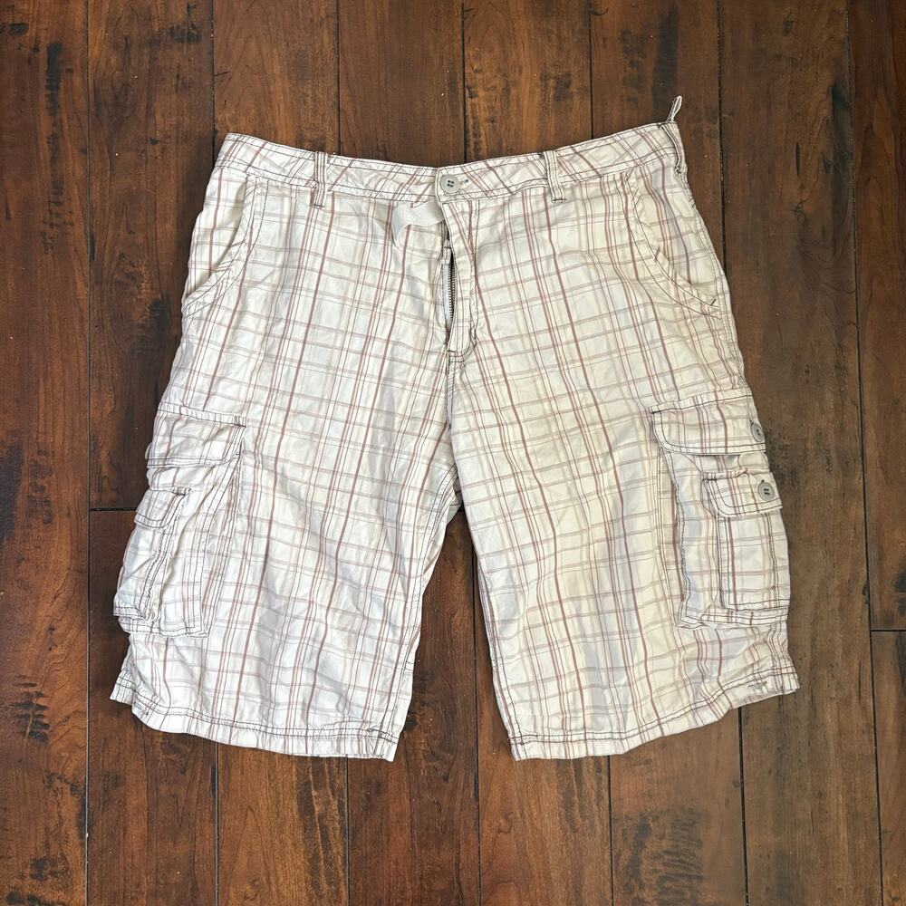 Y2K Skater Buffalo David Bitton Cargo Shorts Mens 34 Waist White Plaid Grunge